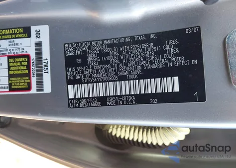 2007 Toyota Tundra Sr5 V8 из США, поврежденный, VIN 5TFRV54117X008005